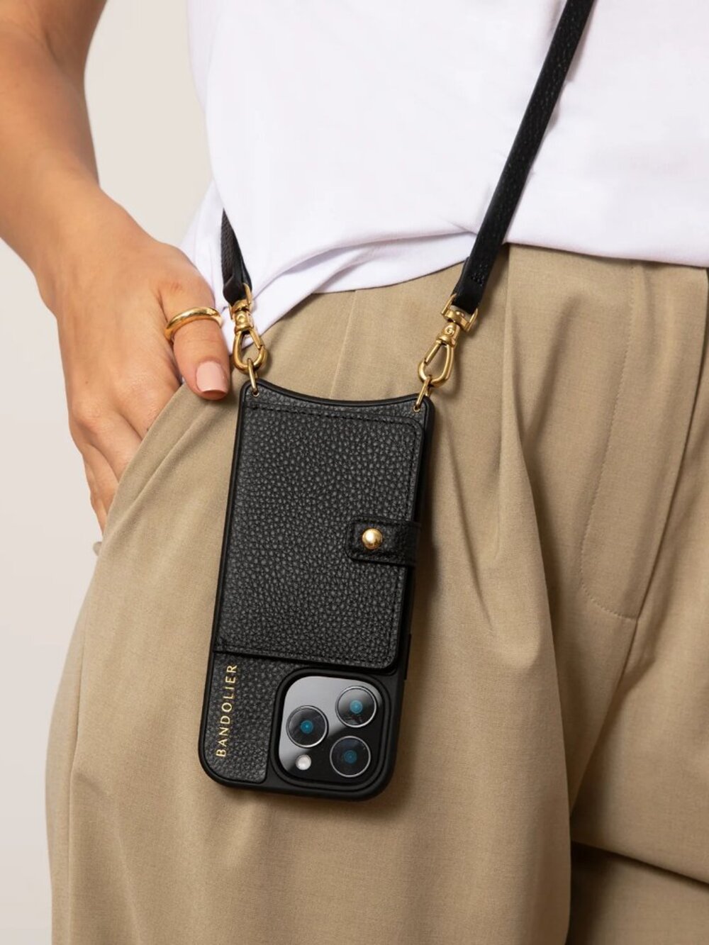 Bandolier Mila MagSafe MagSafe Crossbody Phone Case in Black/Gold iPhone 15 Pro